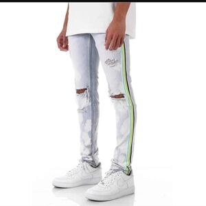 KDNK Tri-striped Bleached Skinny Jean Tinted Blue Size 32 New